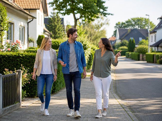 Gepflegtes Haus in Baden-Württemberg mit gepackten Umzugskartons als Symbol für Verkauf und Neustart in Ungarn