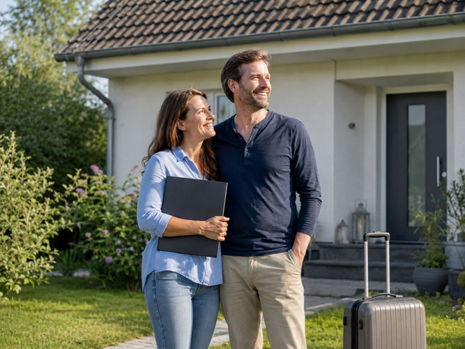 Gepflegtes Haus in Niedersachsen mit vorbereiteten Umzugskartons für einen Neustart in Ungarn