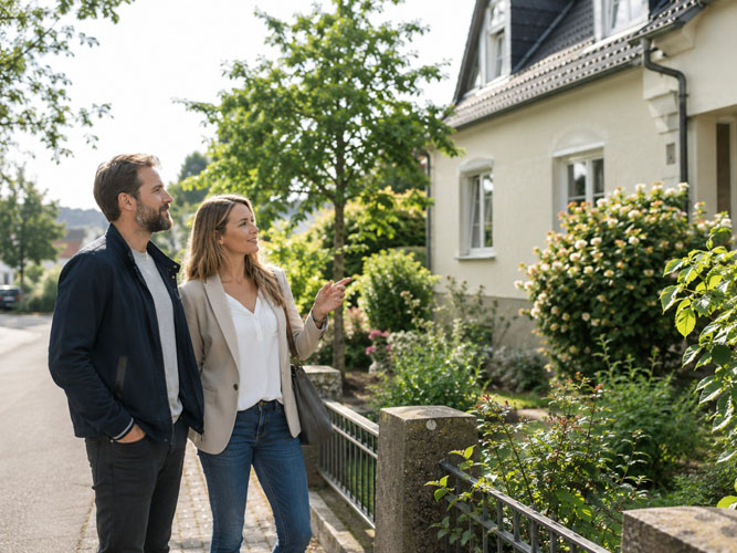 Bayerische Wohnregion mit gepflegten Häusern zwischen einer kleinen Stadt und grüner Landschaft